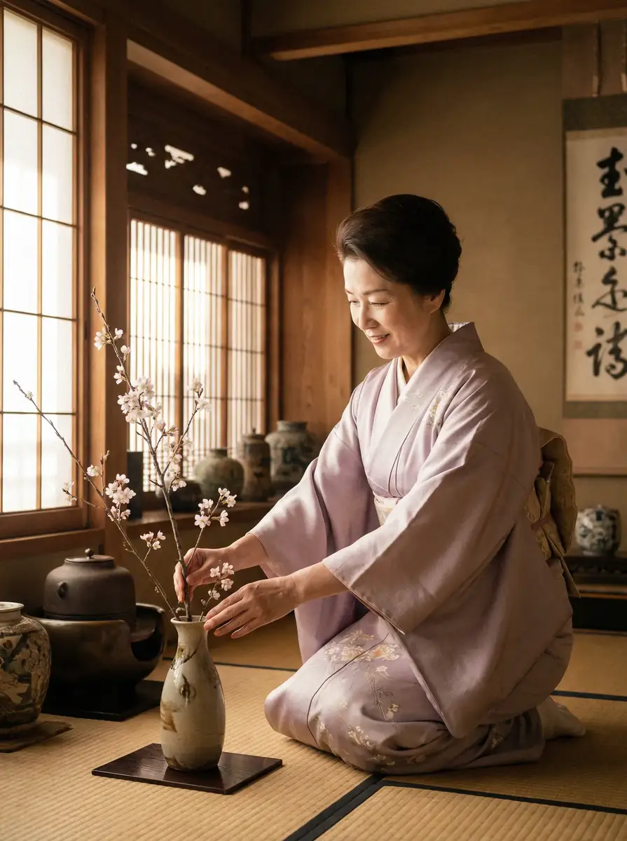 一位优雅的 bti体育平台 在和室中插花